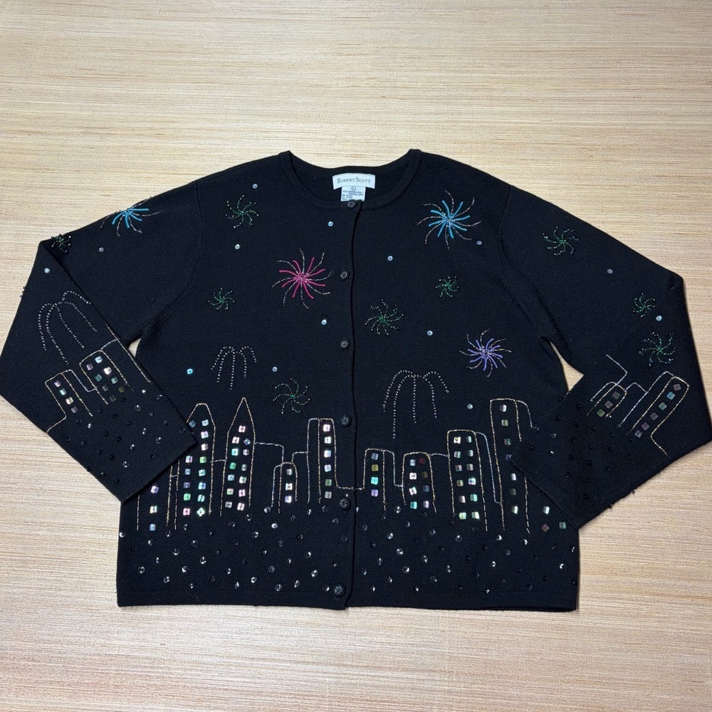 Robert Scott Wool Cardigan Sweater Womens Large Black Bling Sequin Vintage 90s